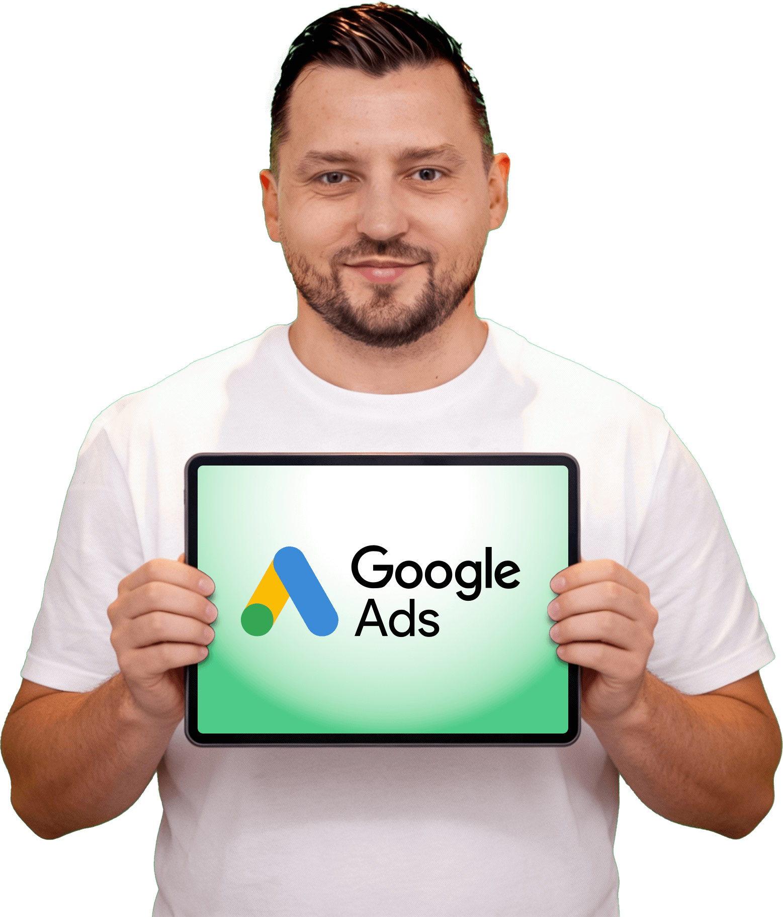 Damian Zielinski mit Tablet und Google Ads Logo