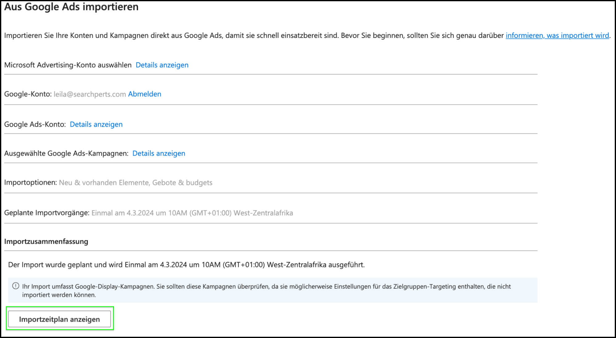 Screenshot, der den geplanten Importzeitplan in Microsoft Advertising anzeigt, mit Optionen zur Festlegung des Importzeitpunkts und der Zusammenfassung des Imports.