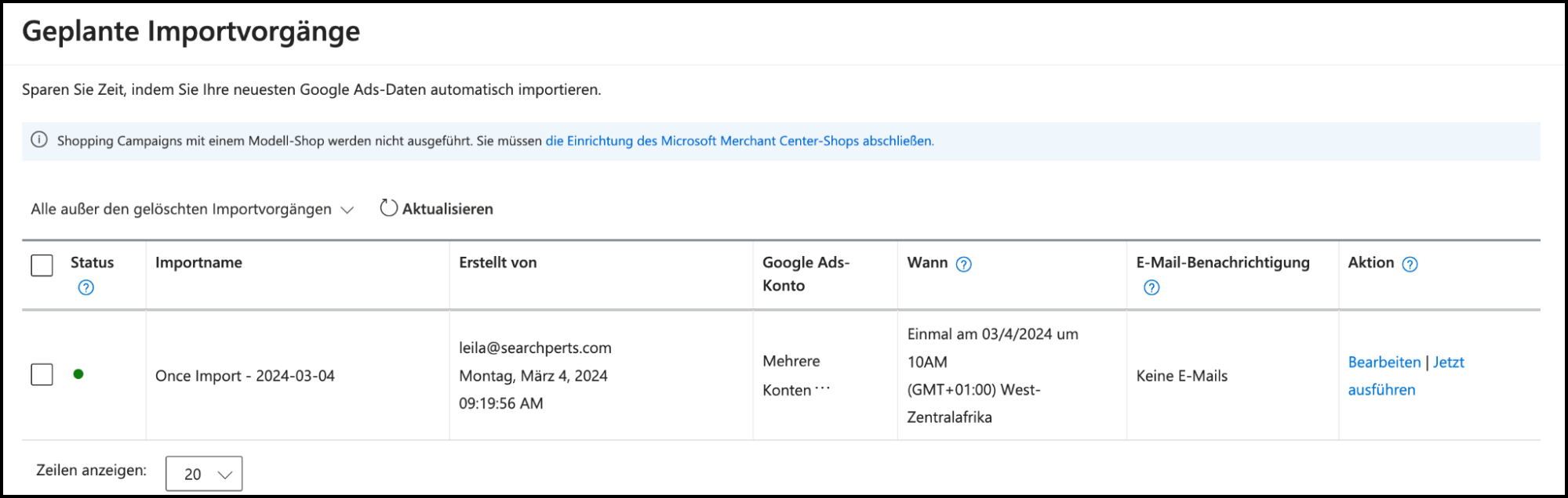 Detailansicht der geplanten Importvorgänge in Microsoft Advertising mit einem hervorgehobenen, aktivierten einmaligen Import.