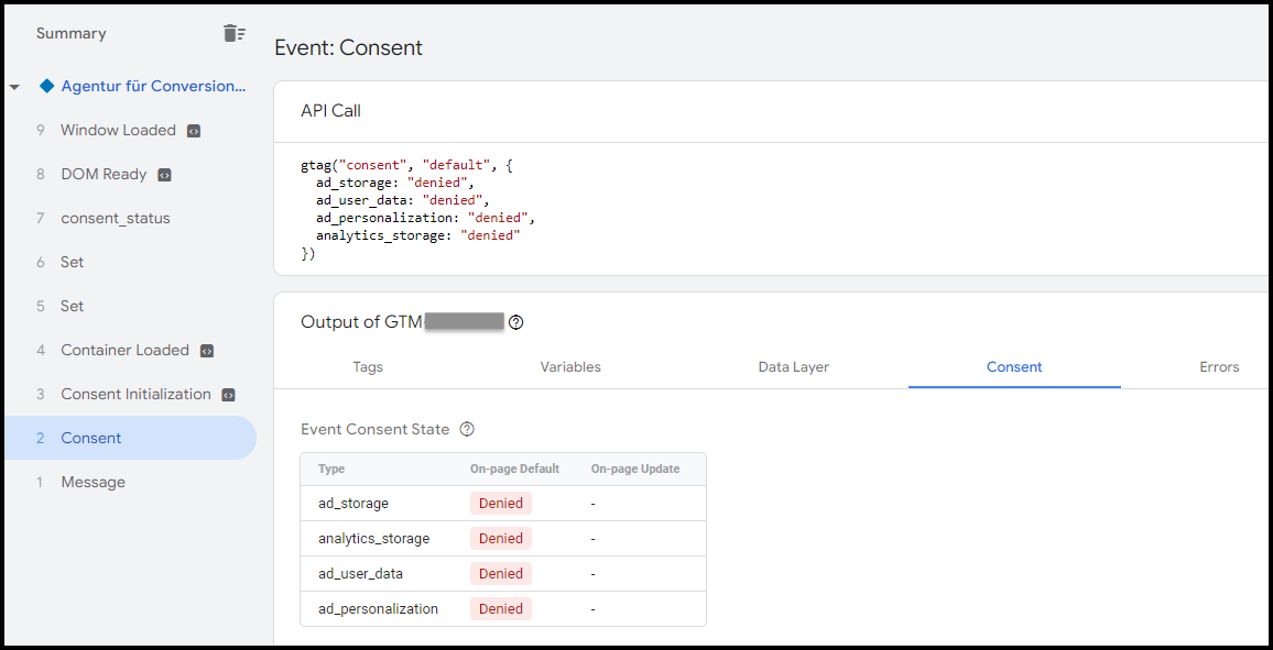 Screenshot des Google Tag Managers mit einem Event: Consent, der API-Aufruf zeigt, dass alle Cookie-Kategorien wie ad_storage, ad_personalization, ad_user_data und analytics_storage abgelehnt wurden.