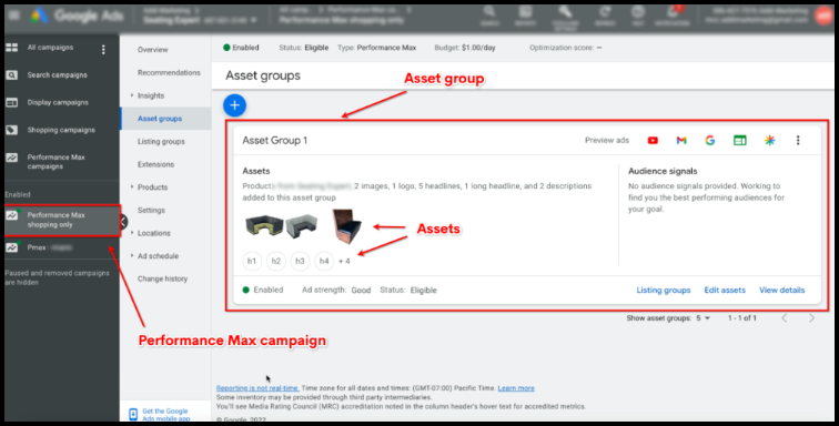 Asset-Gruppe in Google Ads für eine Performance Max Shopping-Kampagne mit einer Übersicht der zugefügten Produkt-Assets.