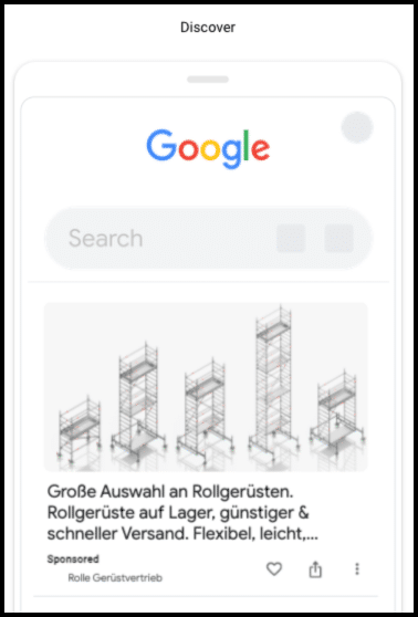 Google-Such-Startseite auf einem Mobilgerät mit Werbung für Rollgerüste.