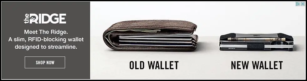 Vergleich zwischen einem alten aufgeklappten Portemonnaie und einem neuen schlanken RFID-blockierenden Wallet von The Ridge. Der CTA befindet sich dabei auf der linken Seite und sticht direkt ins Auge.