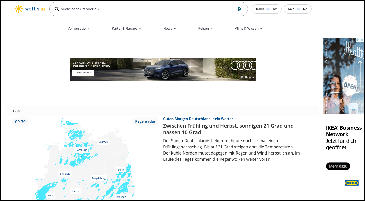 Screenshot der Startseite von wetter.de mit Wetterkarte und einem Artikel über das aktuelle Wetter. Um den Artikel herum sind Google Display Ads platziert.