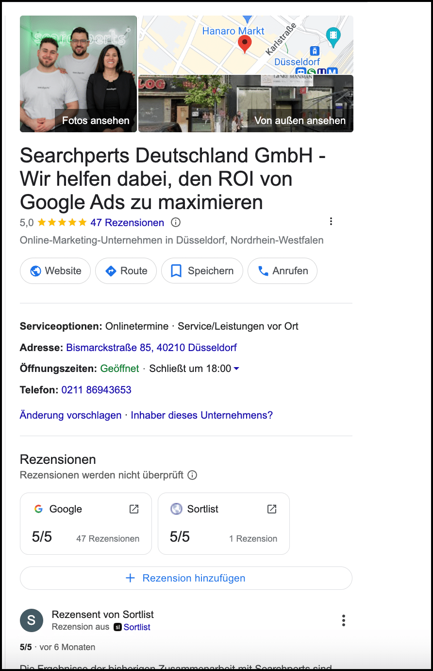 Screenshot des Google Business Profiles der Searchperts. Angezeigt werden die hohe Bewertung und die Firmenadresse in Düsseldorf sowie weitere Informationen.