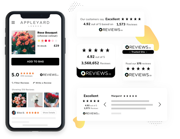 Bildschirmanzeige einer mobilen App und verschiedenen Widget Optionen für Bewertungen. Das Produkt, das Rose Bouquet, wird mit Sternbewertungen und Kundenrezensionen, die hohe Kundenzufriedenheit und verfügbare Optionen hervorgehoben.