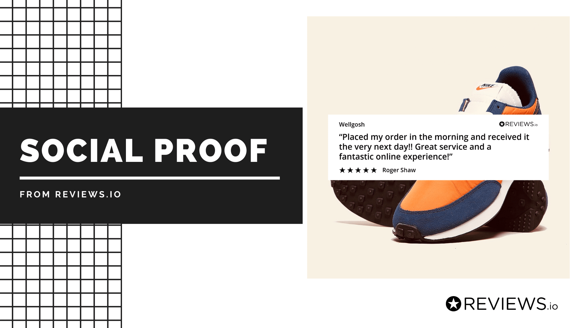 Marketingbild von Reviews.io mit einem Zitat eines zufriedenen Kunden über den Service am nächsten Tag, unter der Überschrift 'Social Proof'.