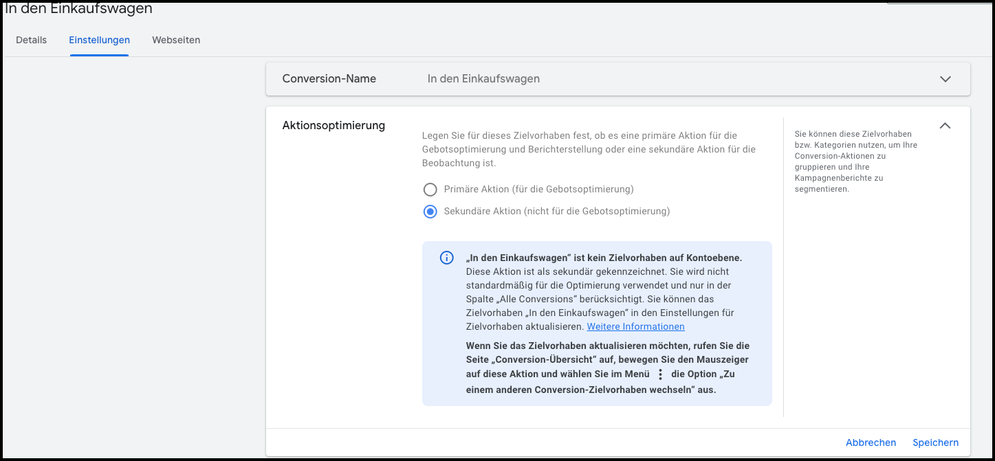Es wird ein Screenshot aus Google Ads gezeigt, wo Einstellungen für die Conversion-Optimierung mit Auswahl der sekundären Aktion abgebildet werden.