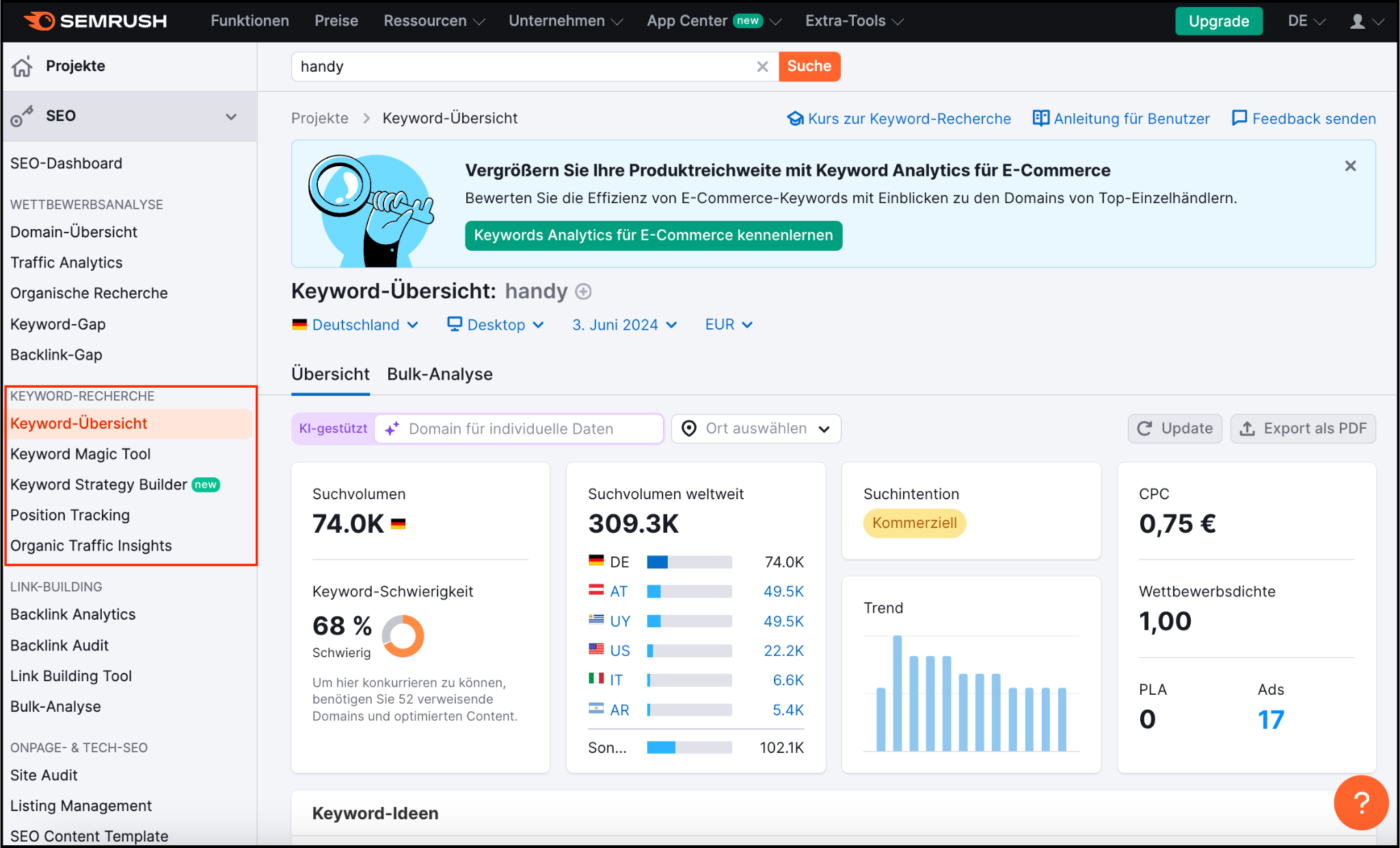 Die Keyword-Übersicht für "Handy" im Semrush-Tool zeigt Suchvolumen, Wettbewerb und weitere wichtige Metriken für eine effektive Keyword-Recherche.