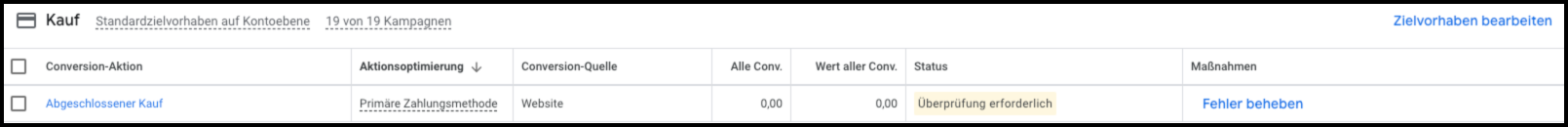 Es wird ein Screenshot aus Google Ads gezeigt, wo die Übersicht des Conversion-Ziels 'Kauf' gezeigt wird. Der Status liegt auf 'Überprüfung erforderlich'.