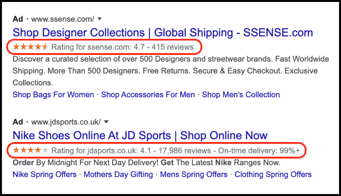 Anzeige mit Bewertungserweiterungen, die Kundenbewertungen für Websites wie „ssense.com“ und „jdsports.co.uk“ zeigt, jeweils mit Ratings von 4,7 und 4,1 Sternen.