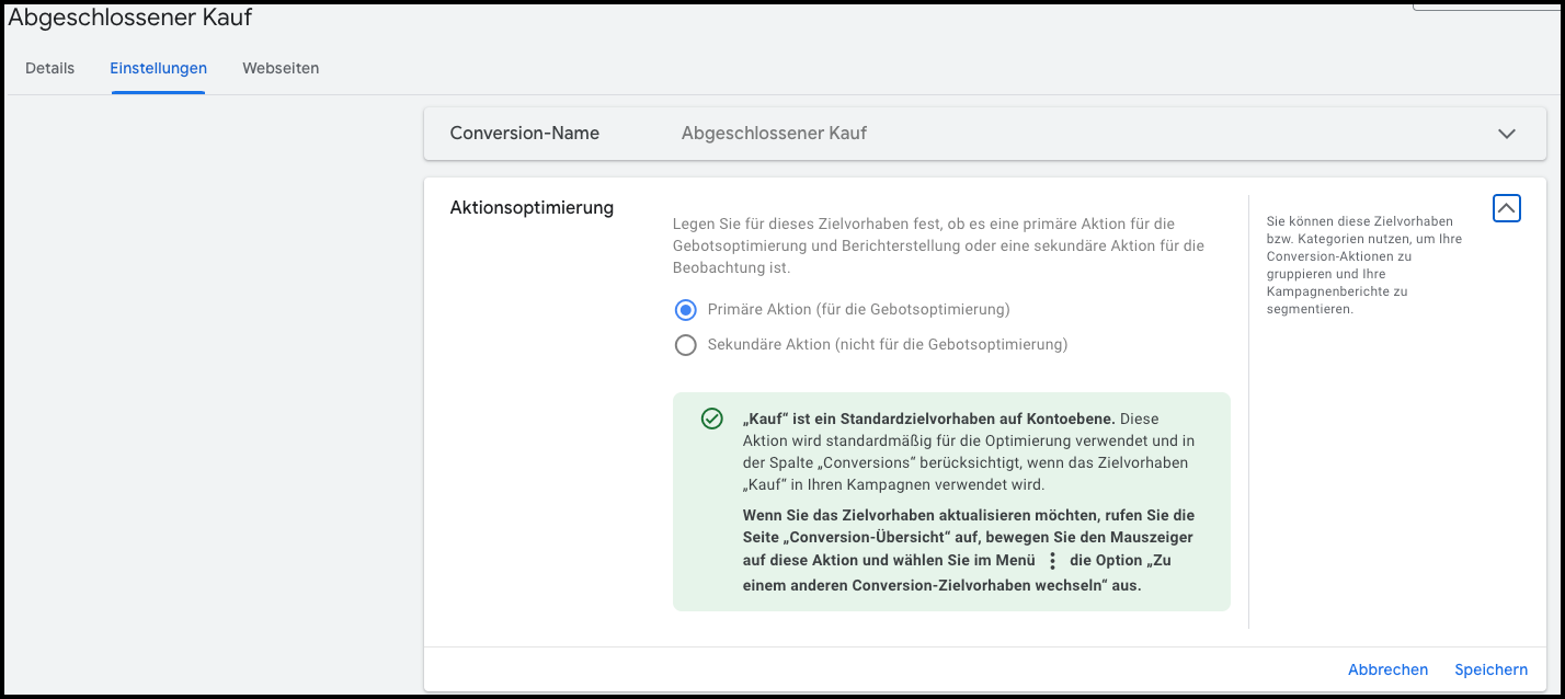 Es wird ein Screenshot aus Google Ads gezeigt, wo Einstellungen für die Conversion-Optimierung mit Auswahl der primären Aktion vorgenommen werden.