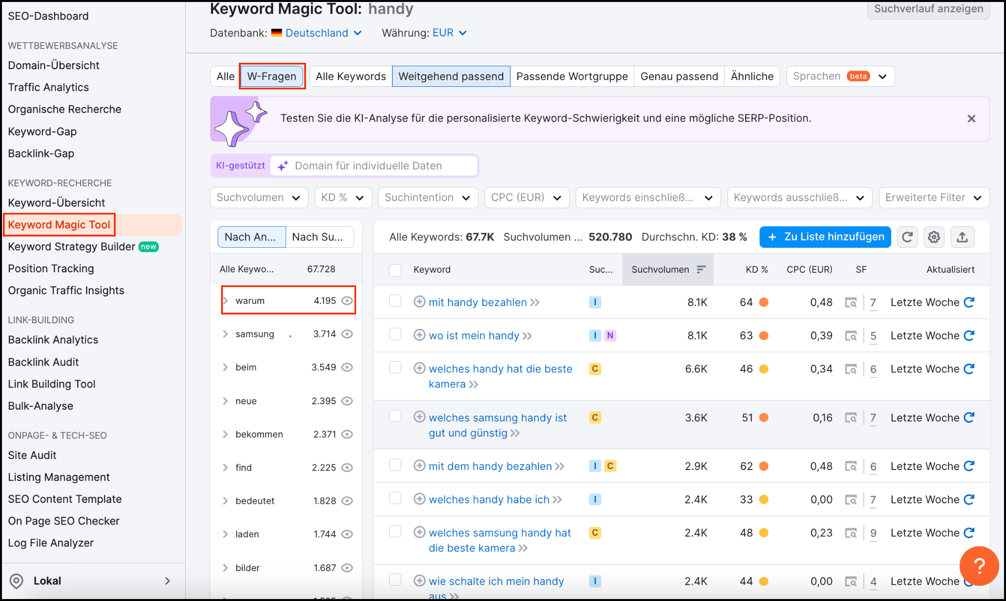 Das W-Fragen Tool von Semrush zeigt relevante Keywords und häufig gestellte Fragen für das Keyword "Handy" an, um spezifische Suchanfragen besser zu verstehen.