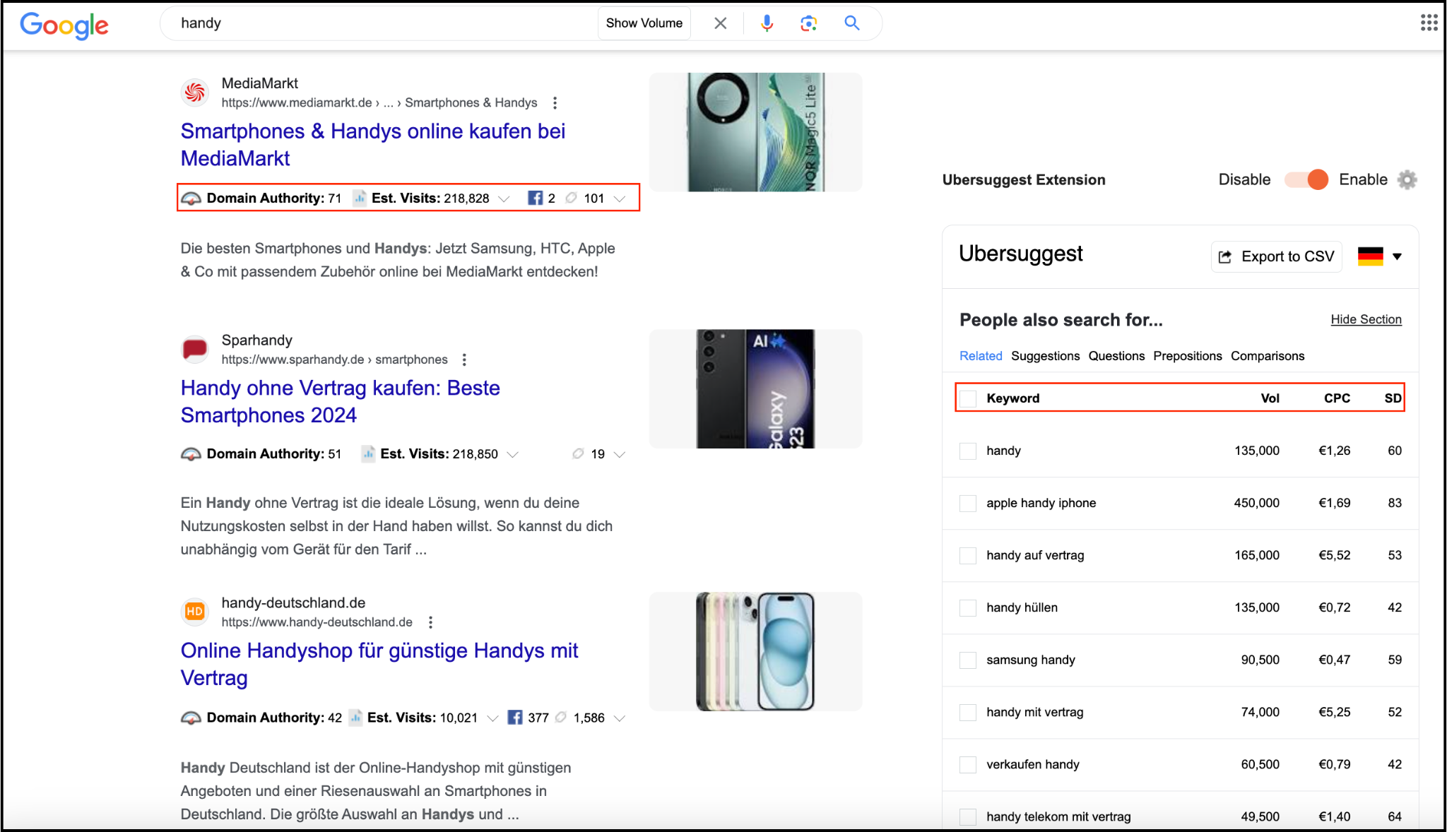 Ubersuggest präsentiert das Suchvolumen, den CPC und die SEO-Schwierigkeit für das Keyword "Handy", einschließlich verwandter Keywords und zusätzlicher Einblicke.
