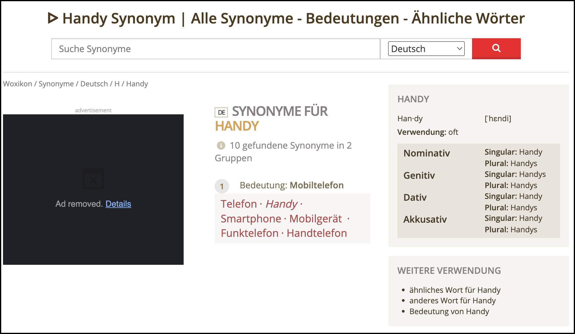 Woxikon zeigt verschiedene Synonyme für das Wort "Handy" an, einschließlich alternativer Begriffe wie Telefon und Smartphone, um die Keyword-Liste zu erweitern.