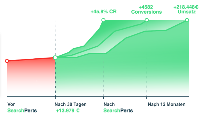 Ein Diagramm, das die Verbesserung der Conversion-Rate und des Umsatzes nach der Zusammenarbeit mit Searchperts über den Verlauf von 12 Monaten zeigt.