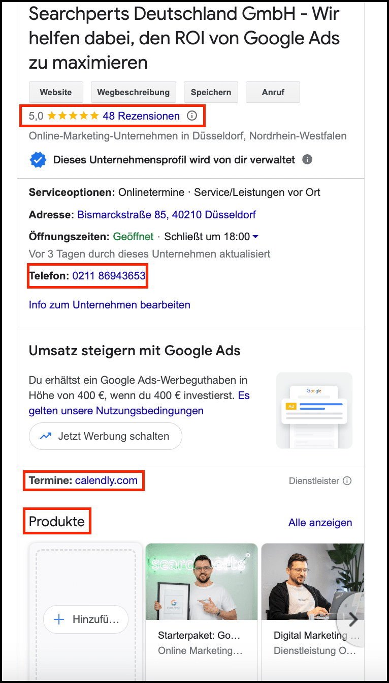 Google My Business Eintrag von Searchperts Deutschland GmbH mit Bewertungen, Öffnungszeiten, Adresse, Telefonnummer und angebotenen Produkten.