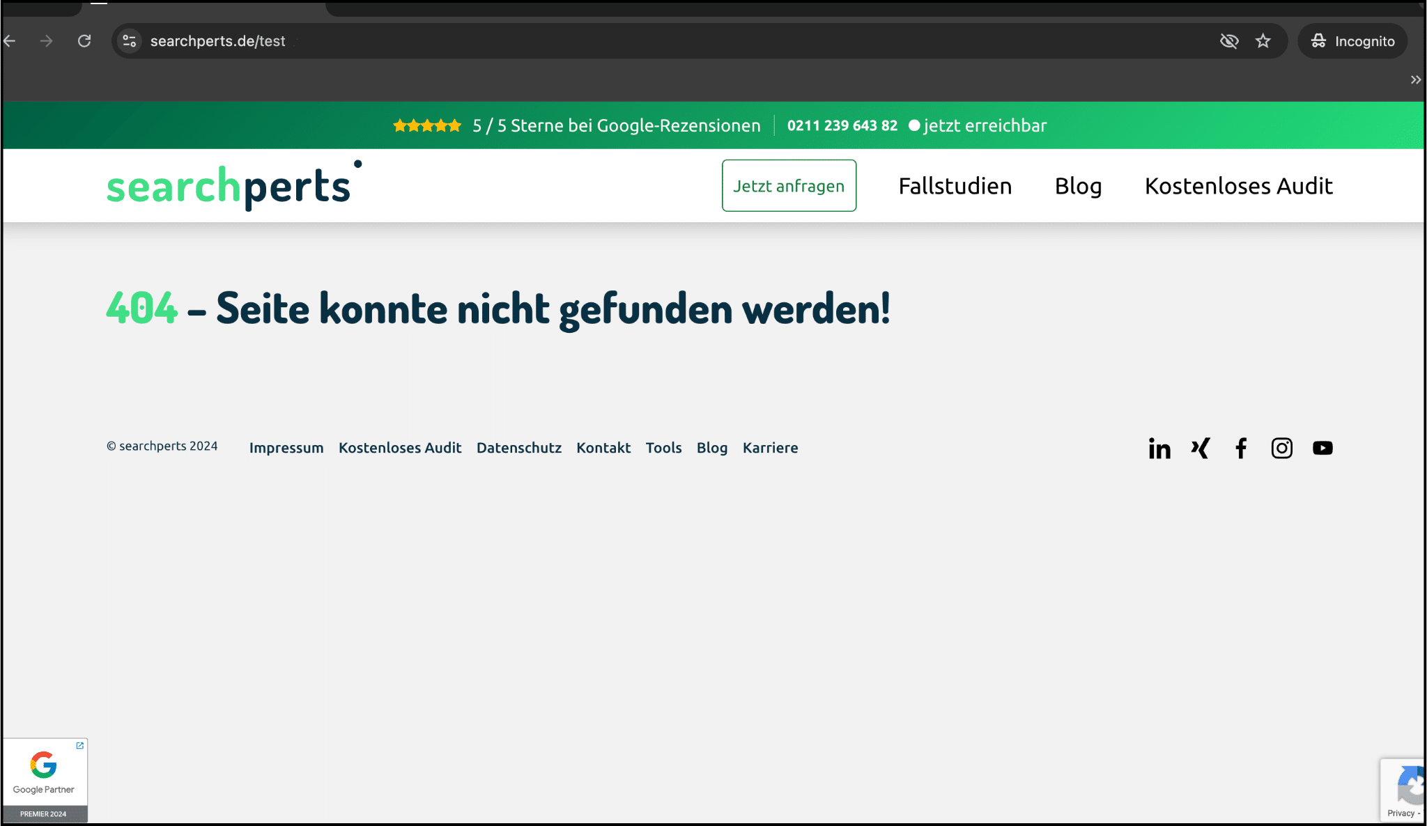 Abgebildet ist ein Screenshot einer 404-Fehlerseite mit dem Text 'Seite konnte nicht gefunden werden' auf einer Webseite.