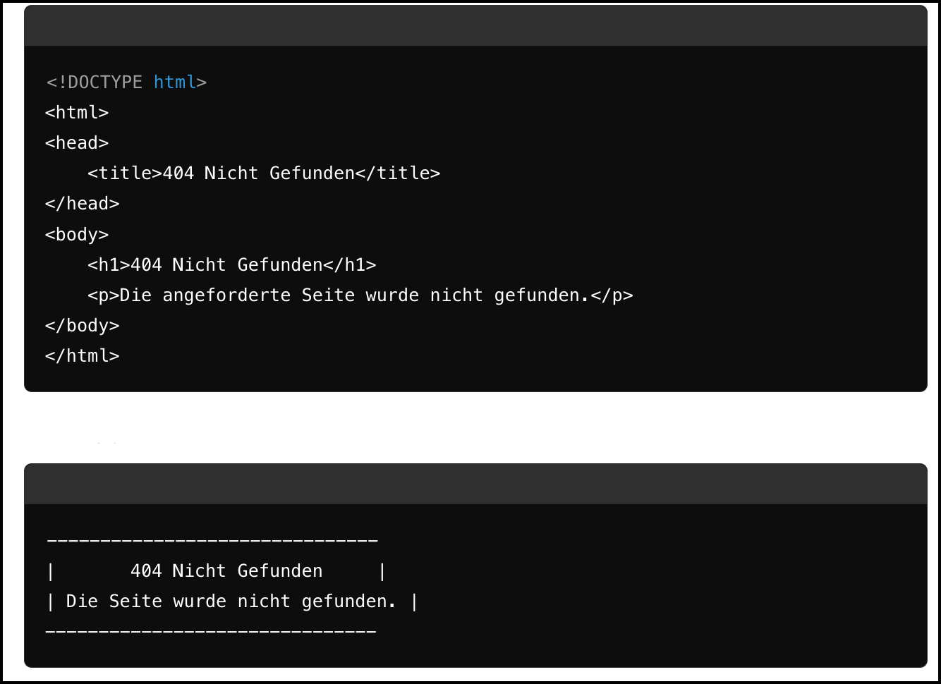 Dargestellt sind ein HTML-Code und ASCII-Grafik für eine 404-Fehlerseite.