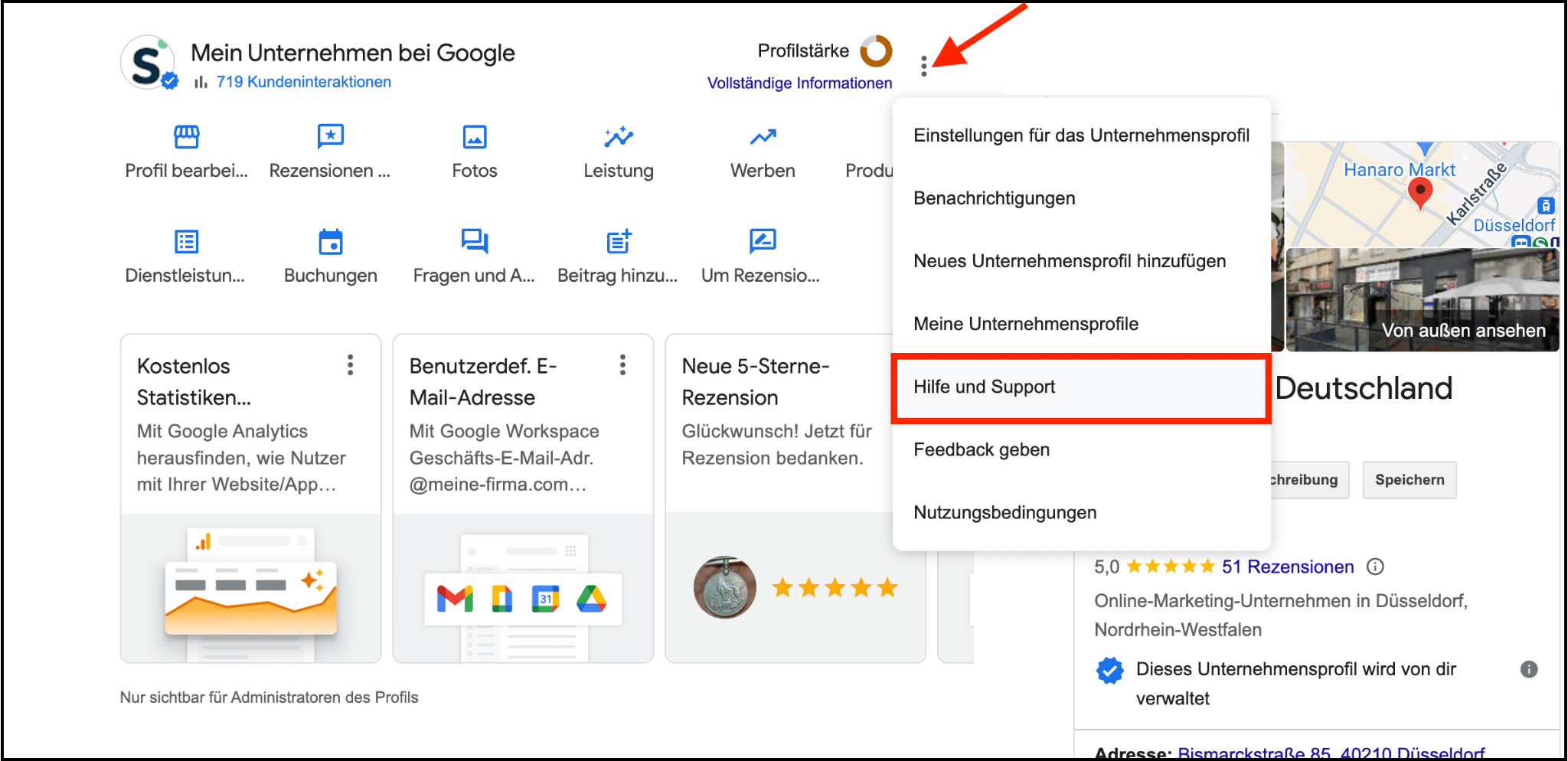 Screenshot des Google-Unternehmensprofils mit hervorgehobenem Menüpunkt „Hilfe und Support“. Über dieses Menü können Nutzer*innen Kontakt zum Google-Support aufnehmen.