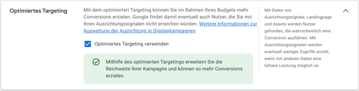 Google Ads: Optimiertes Targeting Einstellungen /Settings