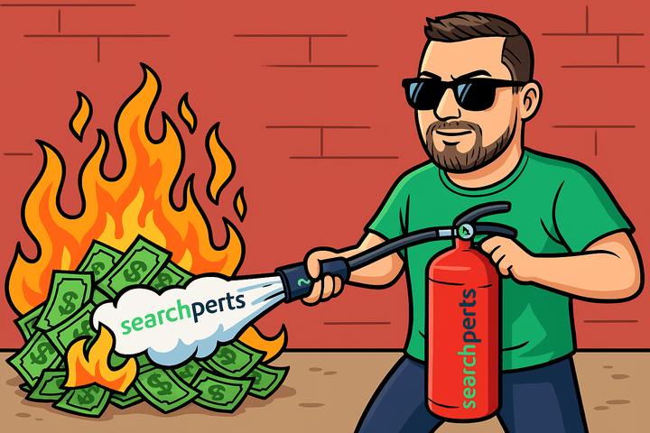 Damian von Searchperts löscht verbrennendes Geld mit einem Searchperts-Feuerlöscher. Google Ads verbrennt mit Searchperts Hilfe und wichtigen Google Ads Optimierungen kein Geld mehr.