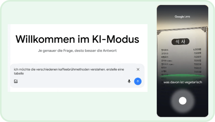 Im KI Modus kannst du Fragen eintippen, einsprechen oder per Video und Bild stellen.