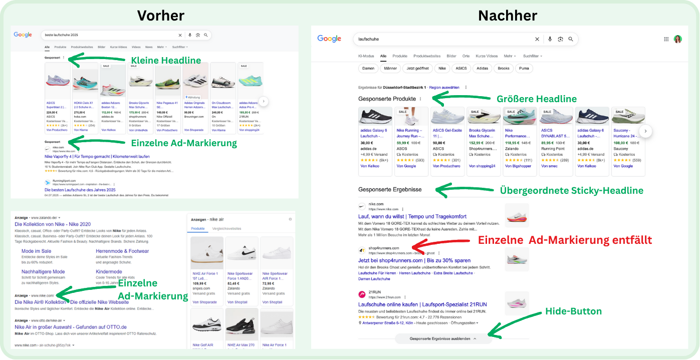 Das neue Google Search Layout erklärt: Alle Unterschiede und Neuerungen seit dem Google Ads Update im Oktober 2025 im Vergleich zur alten Google Suche früher.