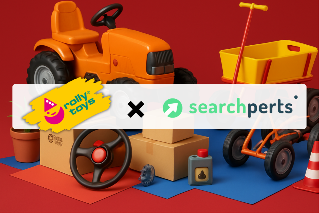 rolly toys entscheidet sich für Searchperts als Google Ads Agentur. Buntes 3D-Header-Bild mit befahrbaren Kinderfahrzeugen von rolly toys, darunter ein oranger Kindertraktor und ein Bollerwagen, mit dem rolly toys Logo und dem Searchperts Logo auf einem weißen Banner im Vordergrund.