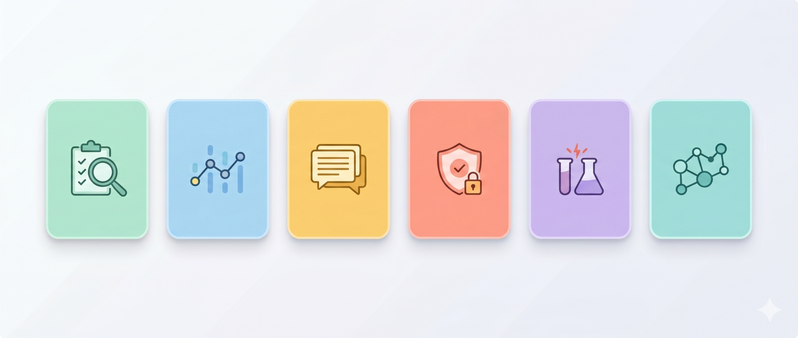 Horizontale Grafik mit sechs minimalistischen, pastellfarbenen Karten in einer Reihe, die wichtige Schritte der Kampagnen-Optimierung als Icons darstellen. Von links nach rechts: Eine Lupe auf einem Klemmbrett (Konto-Audit), ein Daten-Netzwerk (Tracking), gestapelte Textblasen (Asset-Qualität), ein Schild mit Schloss (Brand-Sicherheit), zwei Reagenzgläser (Experimente) und ein verbundenes Netzwerk aus Knotenpunkten (Das große Ganze).