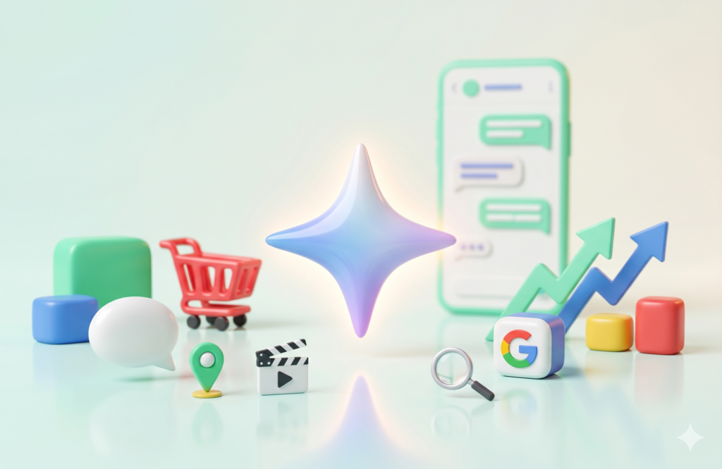 Headerbild zum Blog über Google Marketing Live 2026: Glänzendes 3D-Gemini-Funkeln im Zentrum, umgeben von Symbolen für die neuen Google Ads Features wie Einkaufswagen für AI Max, Sprechblase für Business Agent, Kartenpin für Maps Ads und Filmklappe für Asset Studio.