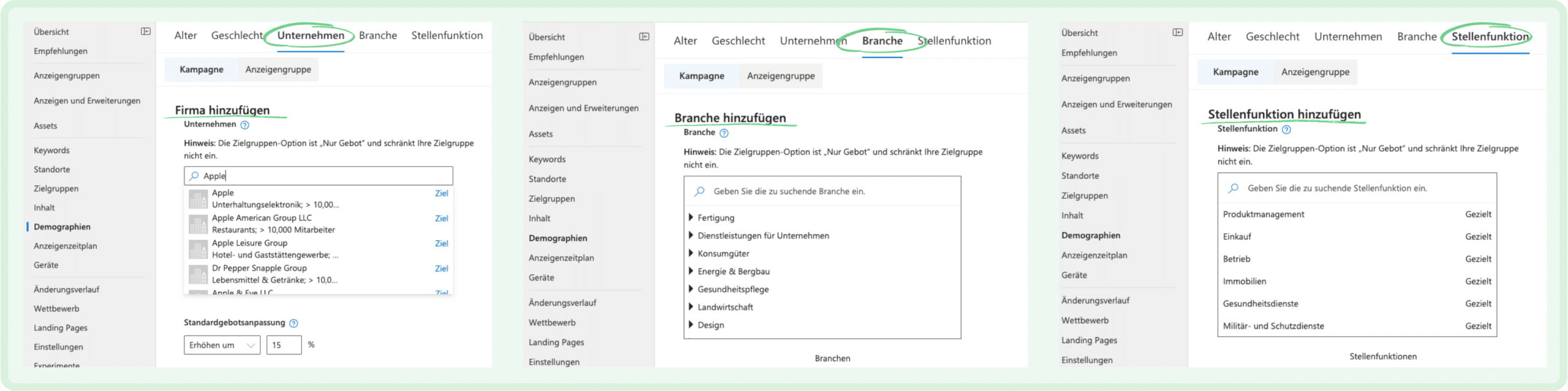 Neben Google Ads ist Bing Ads ein profitabler Werbekanal für B2B Unternehmen. Auf diesem Bild kann man sehen, wie die Zielgruppe sehr genau getargetet werden kann. Beispielsweise können Firmen, Positionen und Branchen gezielt angesteuert werden.