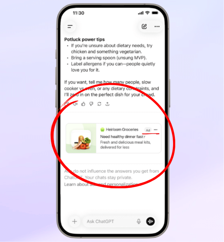 Markiertes Bild von einer ChatGPT Suchanfrage bei der eine Ad ausgespielt wird. Rote Kreise markieren, woran man die Anzeige erkennt.
