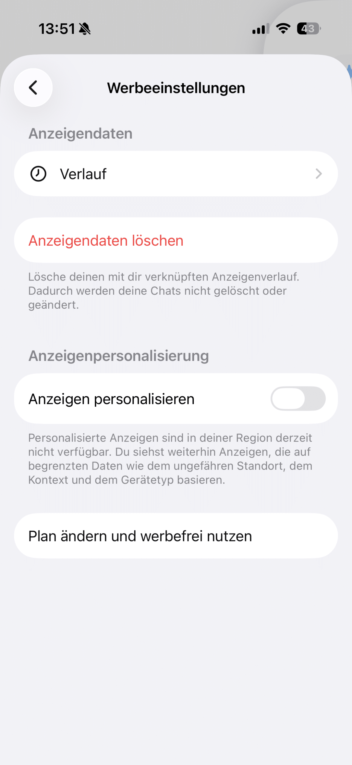 Ein Screenshot aus den ChatGPT Einstellungen, der zeigt, wie man die personalisierte Werbung ausschaltet.