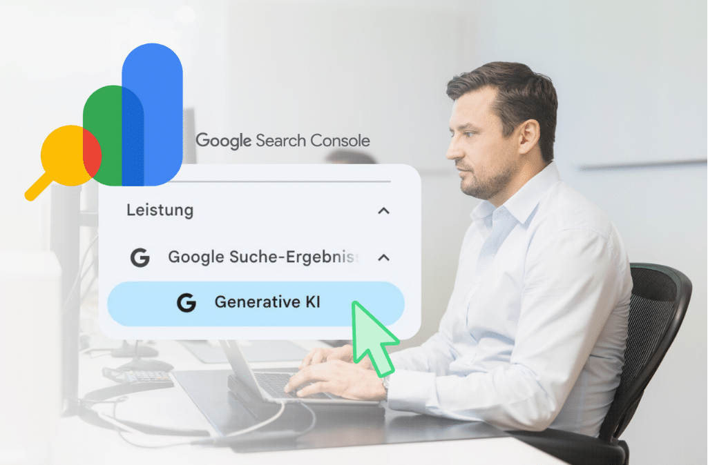 Searchperts Mitarbeiter am Laptop mit dem neuen Menüpunkt Generative KI in der Google Search Console