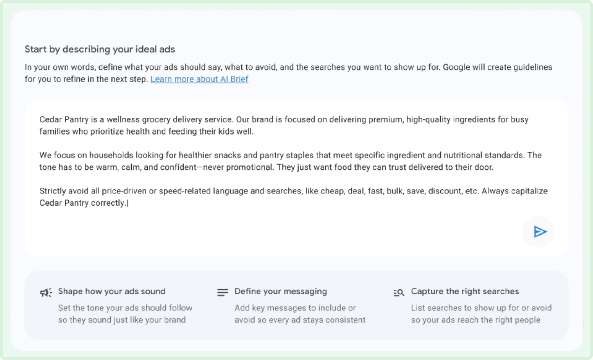 Google Ads AI Brief: Eingabefeld „Start by describing your ideal ads“ mit Beispiel-Briefing für einen Lieferdienst für gesunde Lebensmittel