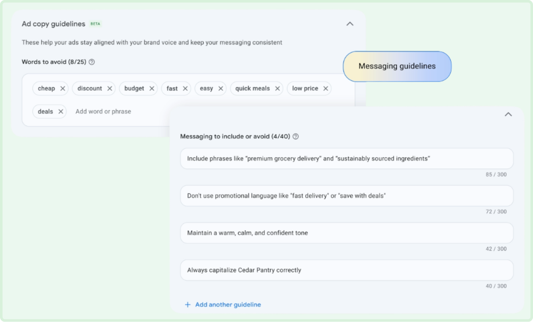 Google Ads AI Brief: Messaging-Richtlinien mit ausgeschlossenen Wörtern und Vorgaben für Inhalte und Tonfall der Anzeigen