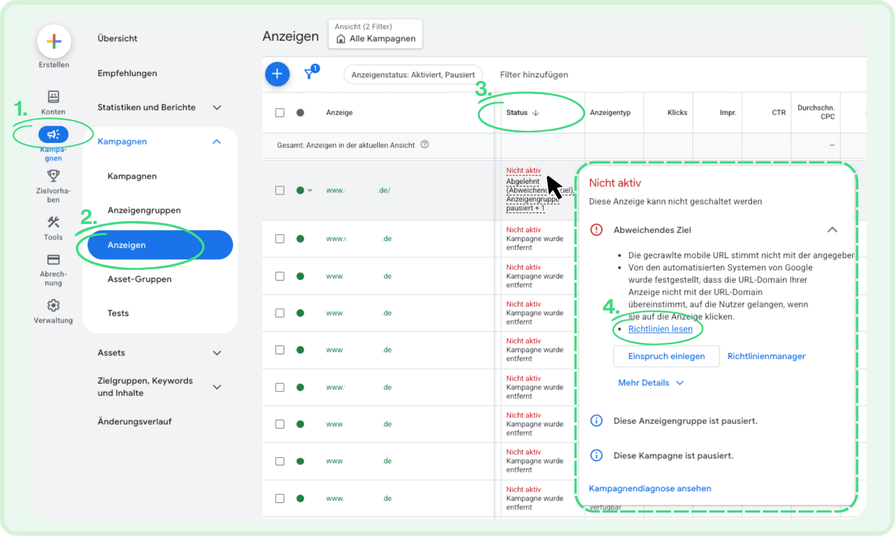 Statusfenster einer abgelehnten Google Ads Anzeige mit dem Ablehnungsgrund Abweichendes Ziel und dem Link Richtlinien lesen