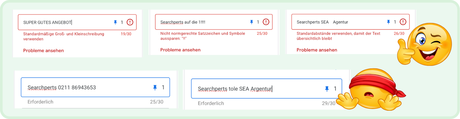 Google Ads Anzeigeneditor markiert Versalien, Ausrufezeichen und doppelte Leerzeichen, übersieht aber Telefonnummer und Tippfehler in der Überschrift