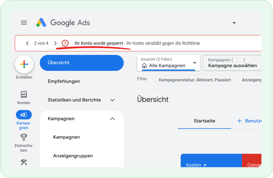 Warnhinweis im Google Ads Konto mit der Meldung Ihr Konto wurde gesperrt wegen eines Verstoßes gegen die Richtlinien