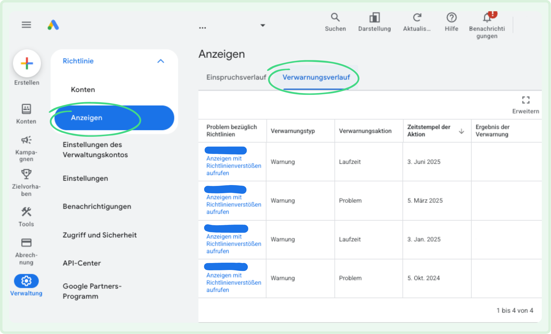 Reiter Verwarnungsverlauf in Google Ads unter Verwaltung, Richtlinie und Anzeigen mit vier Einträgen vom Typ Warnung