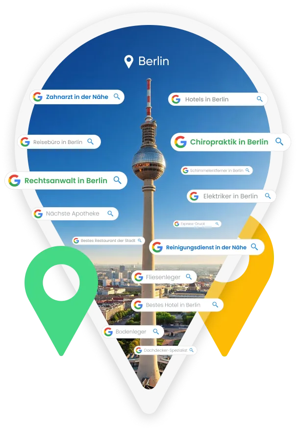 SEA Agentur Berlin: Standort-Pin mit Google-Suchergebnissen und Berliner Fernsehturm