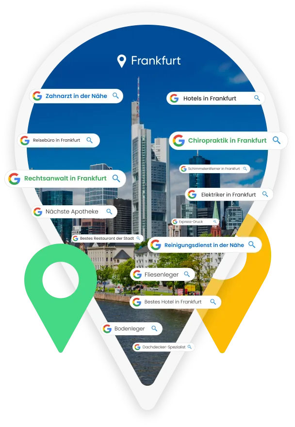 SEA Agentur Frankfurt: Standort-Pin mit Google-Suchergebnissen und Frankfurter Bankentürmen