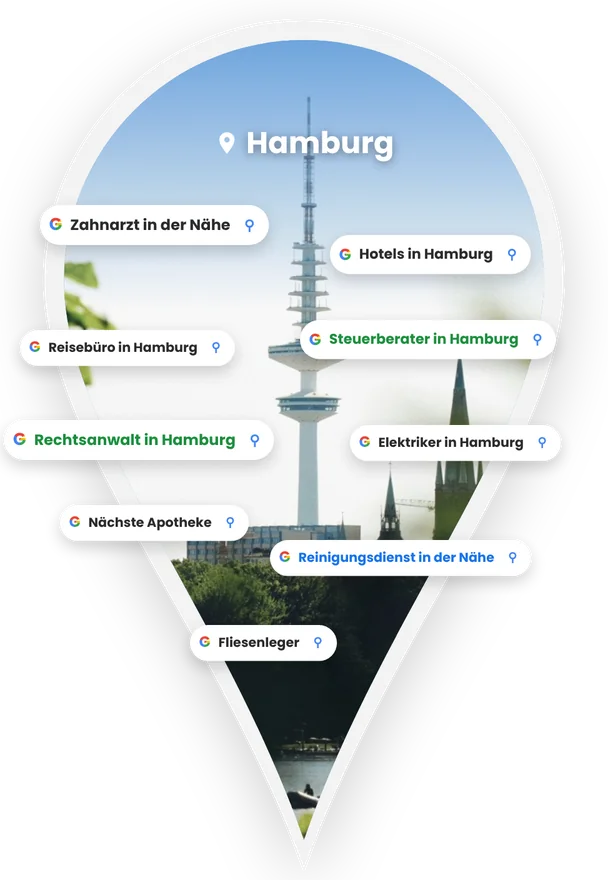 SEA Agentur Hamburg: Standort-Pin mit Google-Suchergebnissen und Heinrich-Hertz-Turm