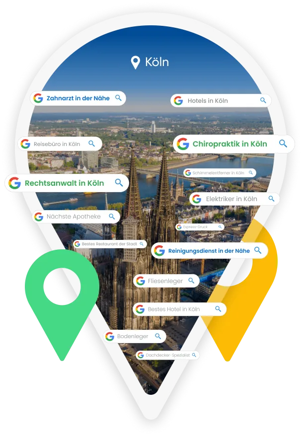 SEA Agentur Köln: Standort-Pin mit Google-Suchergebnissen und Kölner Dom