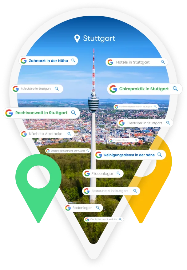 SEA Agentur Stuttgart: Standort-Pin mit Google-Suchergebnissen und Stuttgarter Fernsehturm